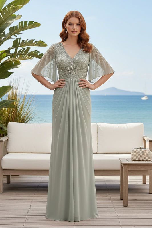Beaded Flutter Sleeve V-Neck Chiffon Evening Gown