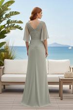 Beaded Flutter Sleeve V-Neck Chiffon Evening Gown