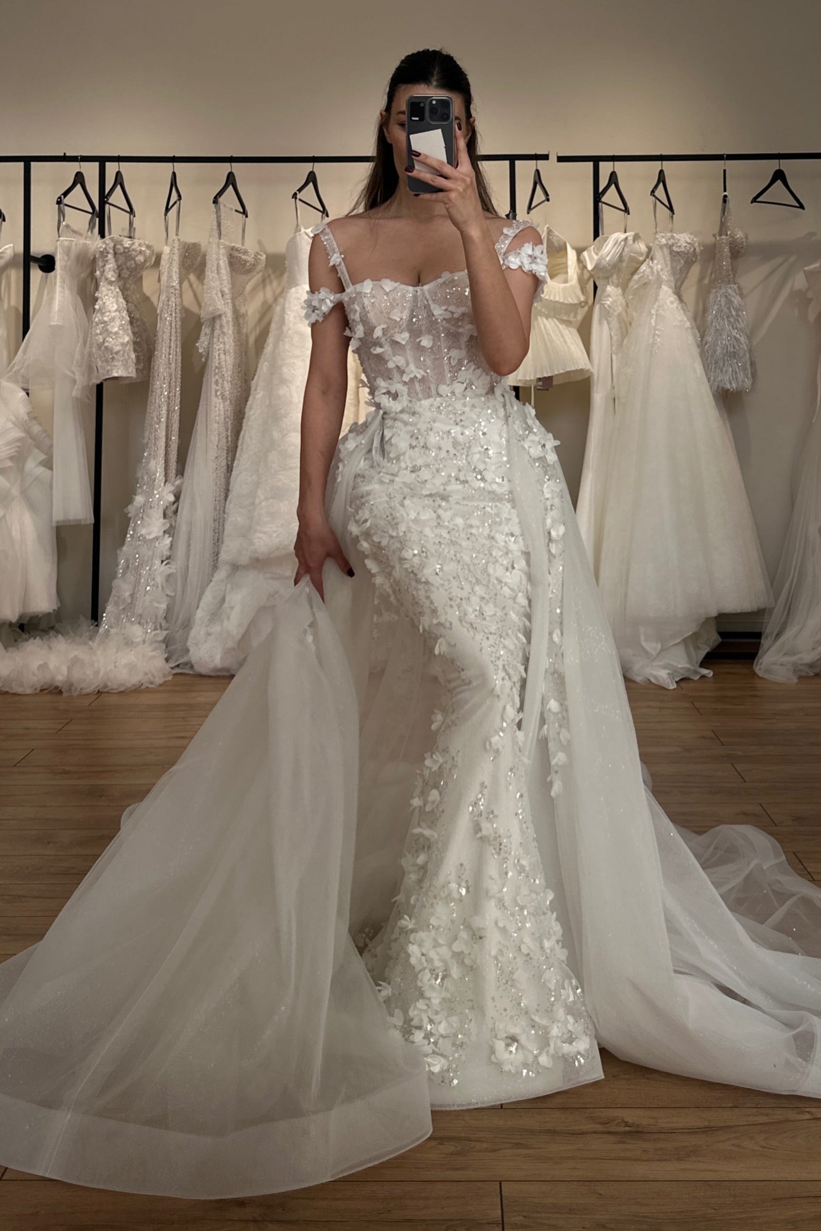 3D Floral Applique Mermaid Wedding Gown with Overskirt