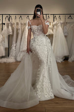 3D Floral Applique Mermaid Wedding Gown with Overskirt