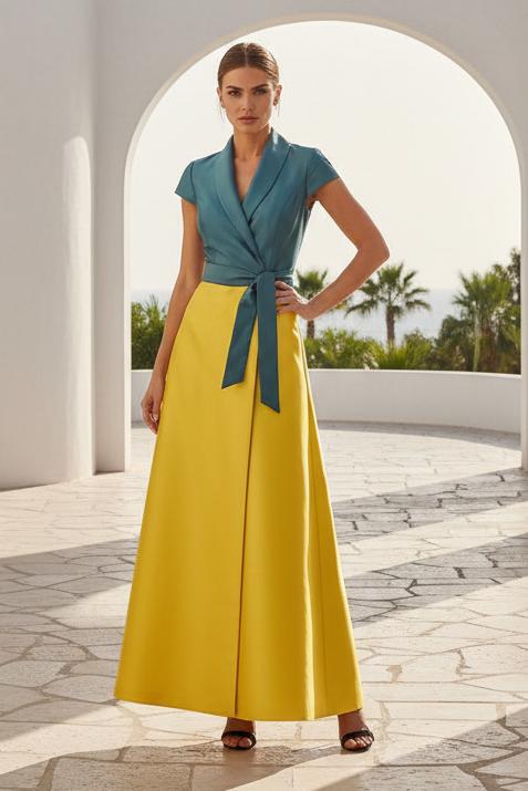 Wrap Shawl Collar A-Line Maxi Dress with Tie Waist