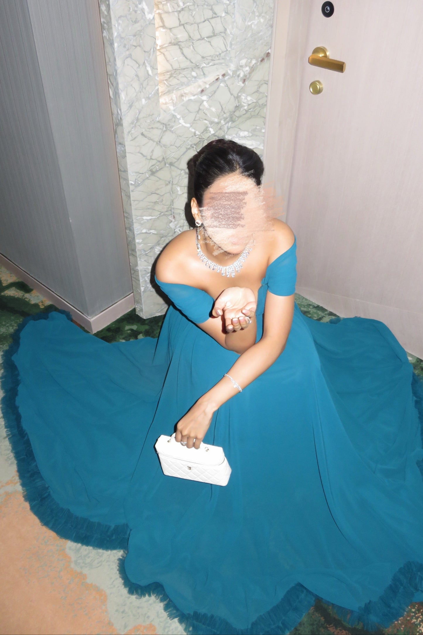 Off-the-Shoulder Pleated Chiffon Evening Gown