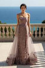 Strapless Lace Gown with Slit & Tulle Drape