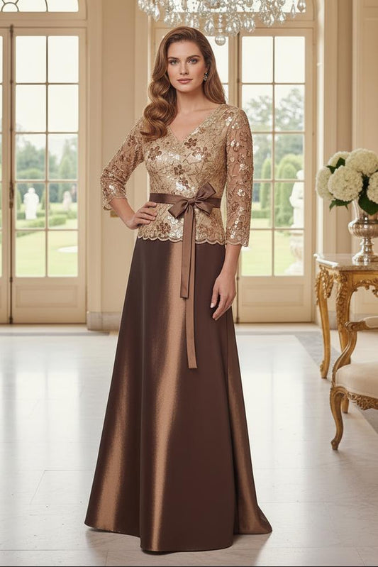 Sequin Lace Bodice A-Line Evening Gown with Bow Sash