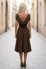 Draped Cowl Midi Dress with Pleated Skirt