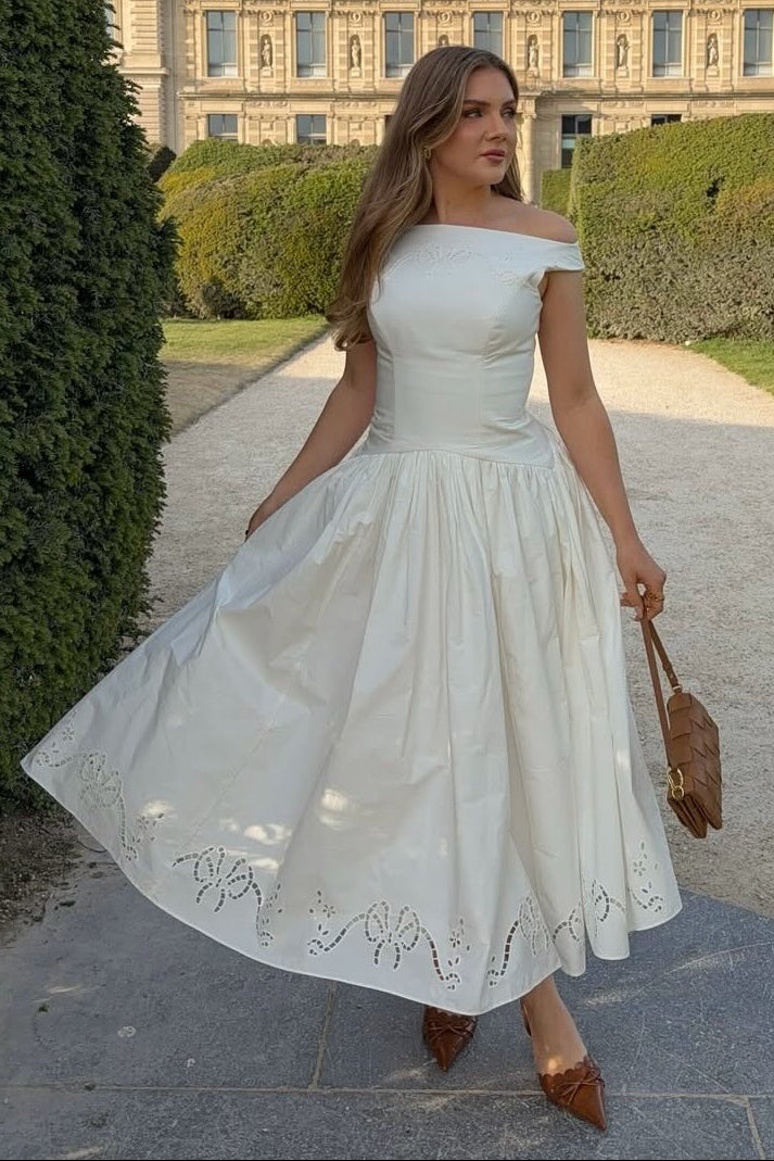 Embroidered A-Line Midi Dress with Pleated Skirt
