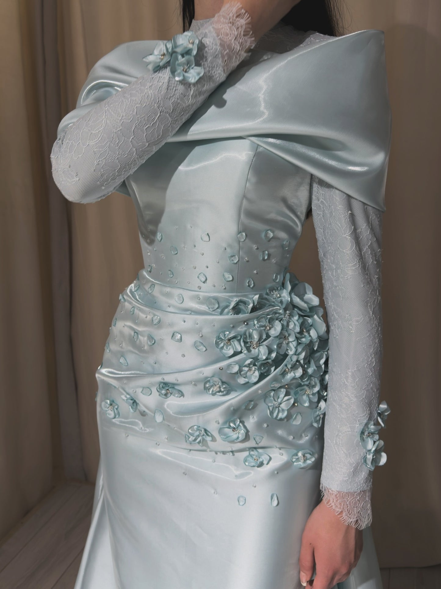 High Neck Satin Evening Gown with 3D Flowers