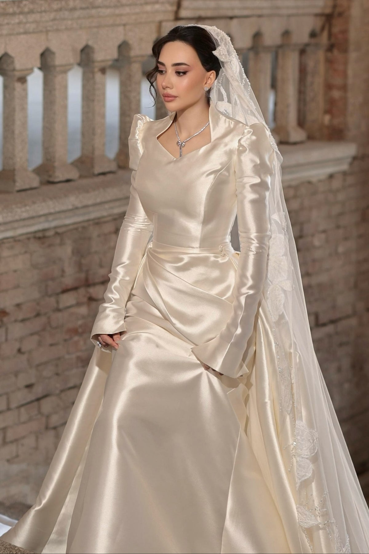 Long Sleeve Satin Wedding Dress with Stand Collar