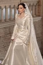 Long Sleeve Satin Wedding Dress with Stand Collar