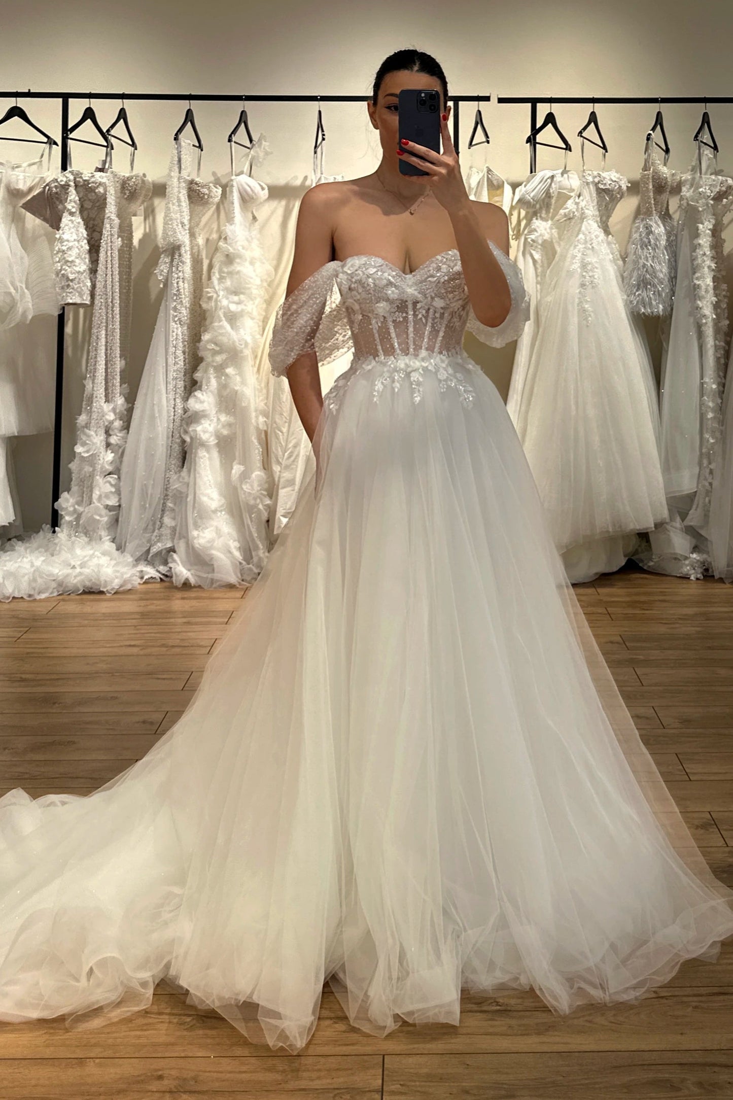 Off-the-Shoulder Tulle A-Line Wedding Dress with Corset
