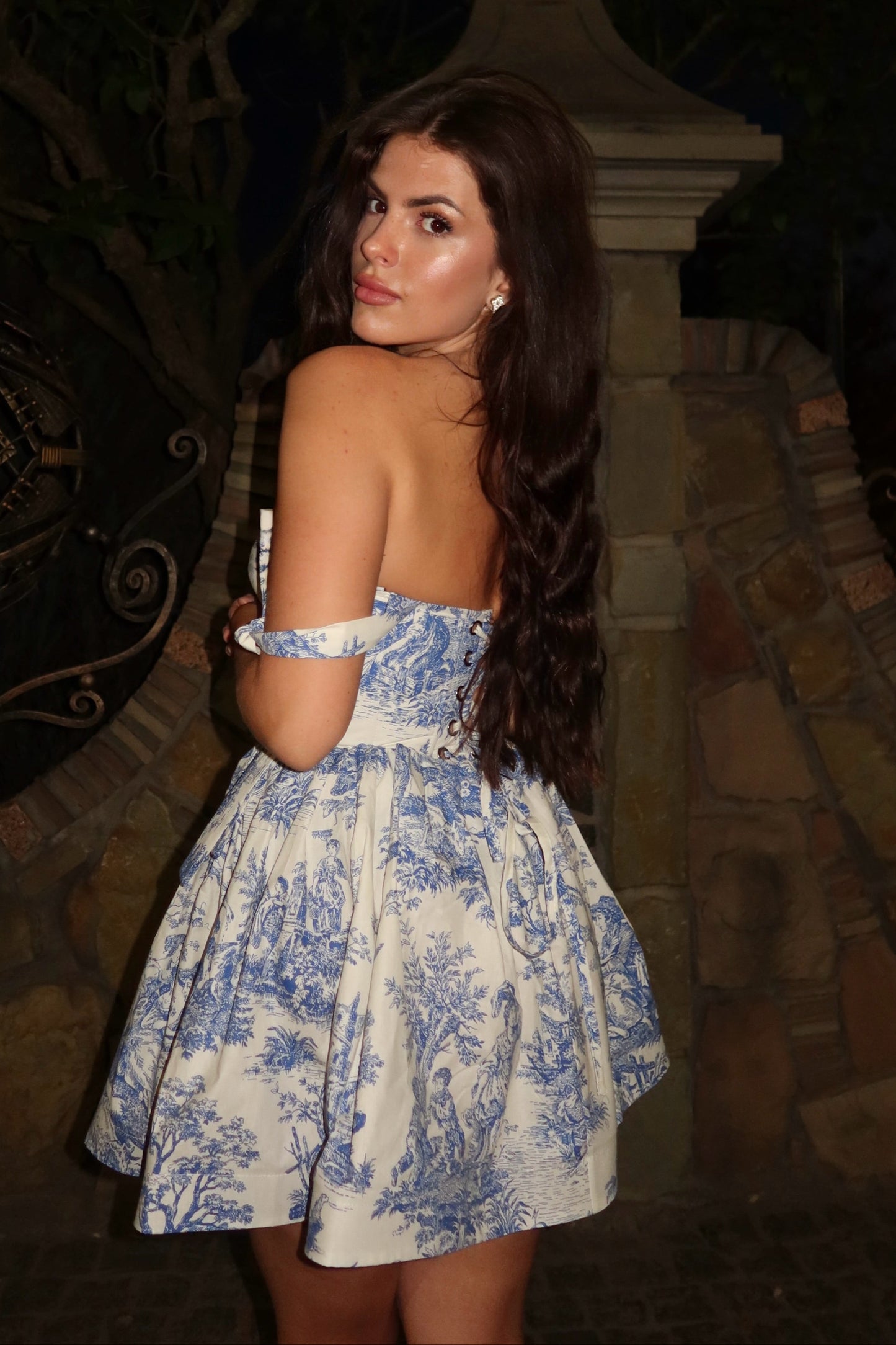 Off-Shoulder Corset Toile Print Fit-and-Flare Mini Dress