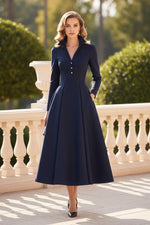 Collared V-Neck Pleated A-Line Midi Dress