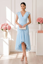 Flutter Sleeve High-Low Ruched Chiffon Dress