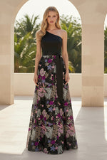 One-Shoulder A-Line Evening Gown with Embroidered Skirt