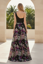 One-Shoulder A-Line Evening Gown with Embroidered Skirt