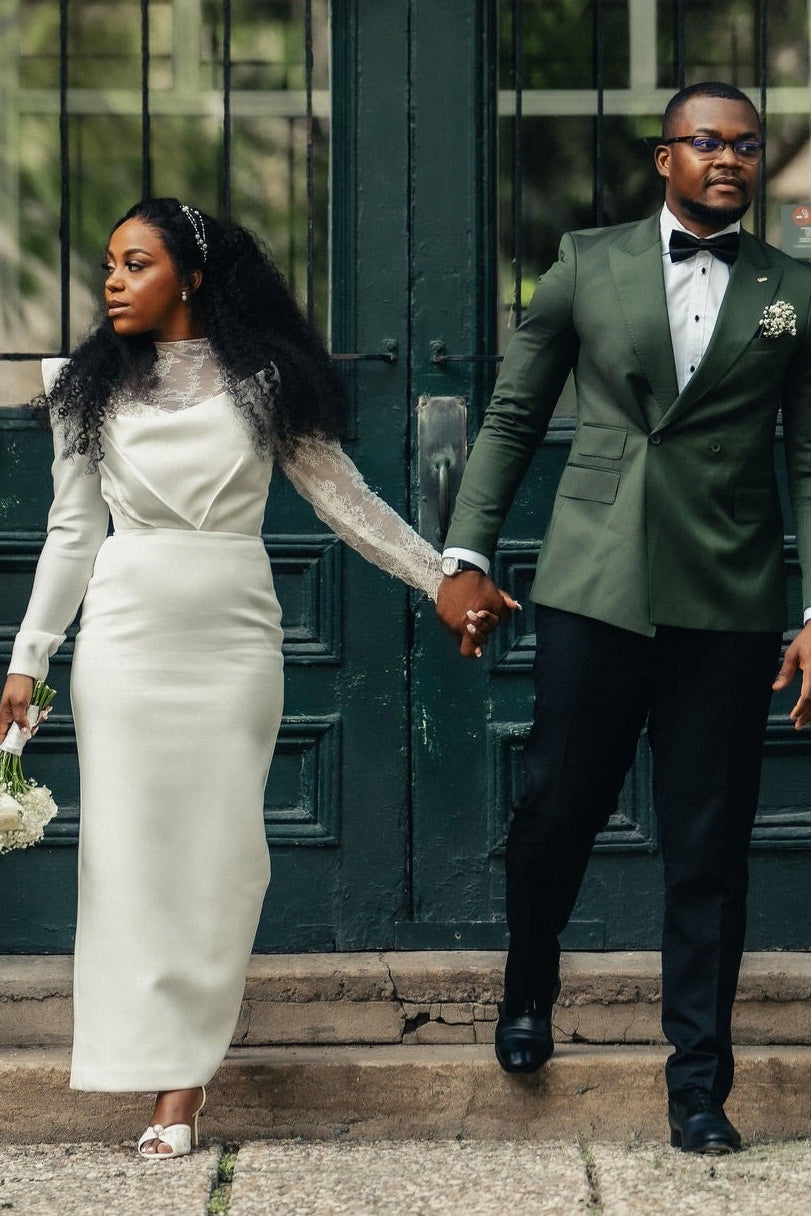 Long Sleeve Sheath Wedding Dress with Lace Mock Neck