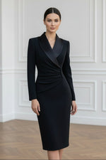 Satin Lapel Ruched Long Sleeve Midi Sheath Dress