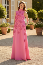 Pink High Neck 3D Floral Sleeveless Gown with Pockets