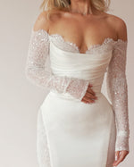 Off Shoulder Lace Sleeve Satin Mermaid Wedding Gown