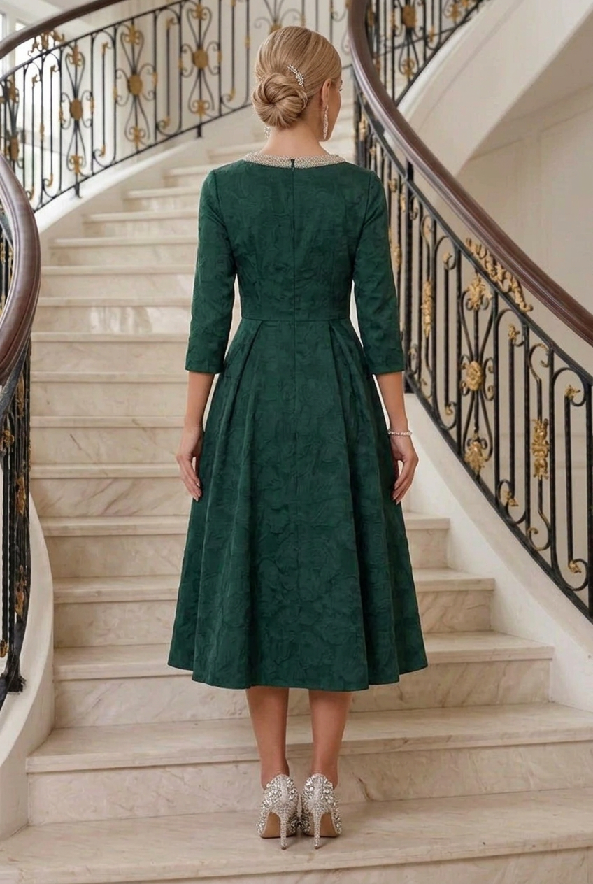 Beaded Neckline Jacquard Midi A-Line Dress