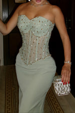 Strapless Beaded Corset Maxi Dress with Back Slit