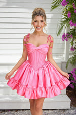 Corset Satin Mini Dress with 3D Flower Straps
