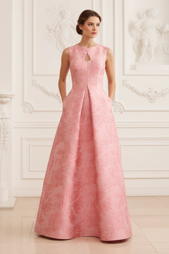 Sleeveless Jacquard A-Line Gown with Keyhole