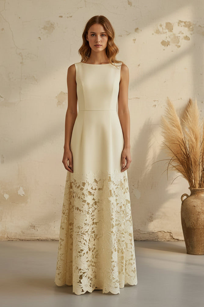 Sleeveless A-Line Maxi Dress with Lace Skirt