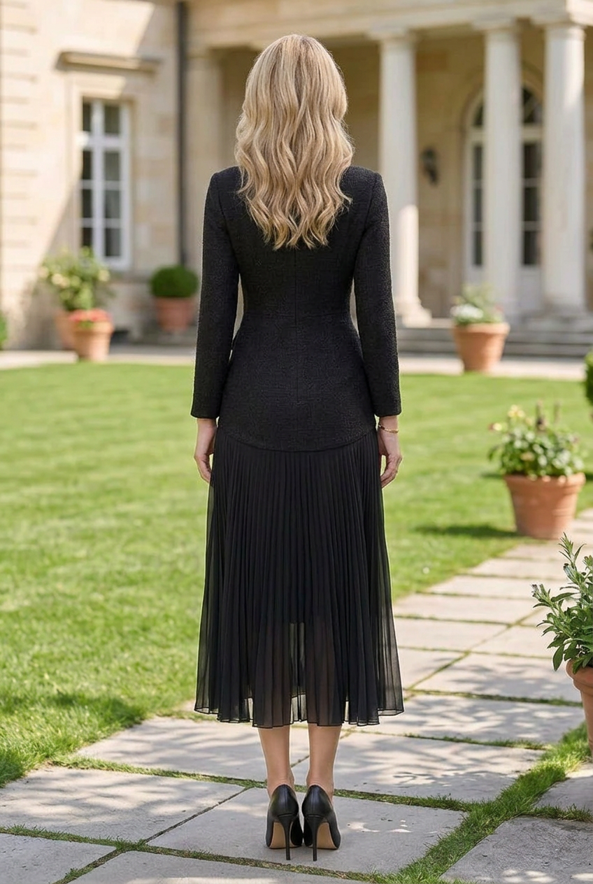 Tweed Long Sleeve Midi Dress with Pleated Skirt