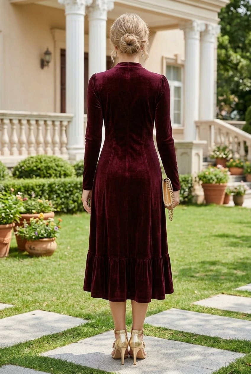 Velvet Button-Front Midi Dress with Ruffle Hem