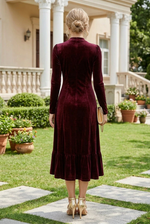 Velvet Button-Front Midi Dress with Ruffle Hem