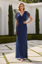 Beaded Sequin V-Neck Flutter Sleeve Evening Gown
