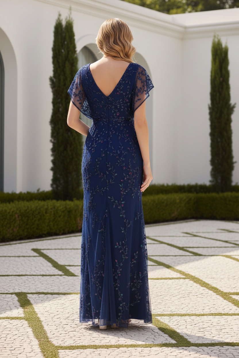 Beaded Sequin V-Neck Flutter Sleeve Evening Gown