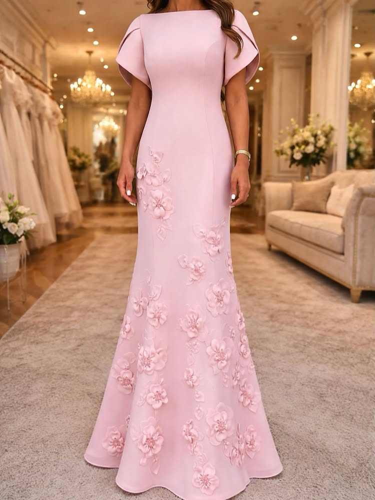 Bateau Neck Mermaid Gown with 3D Flowers