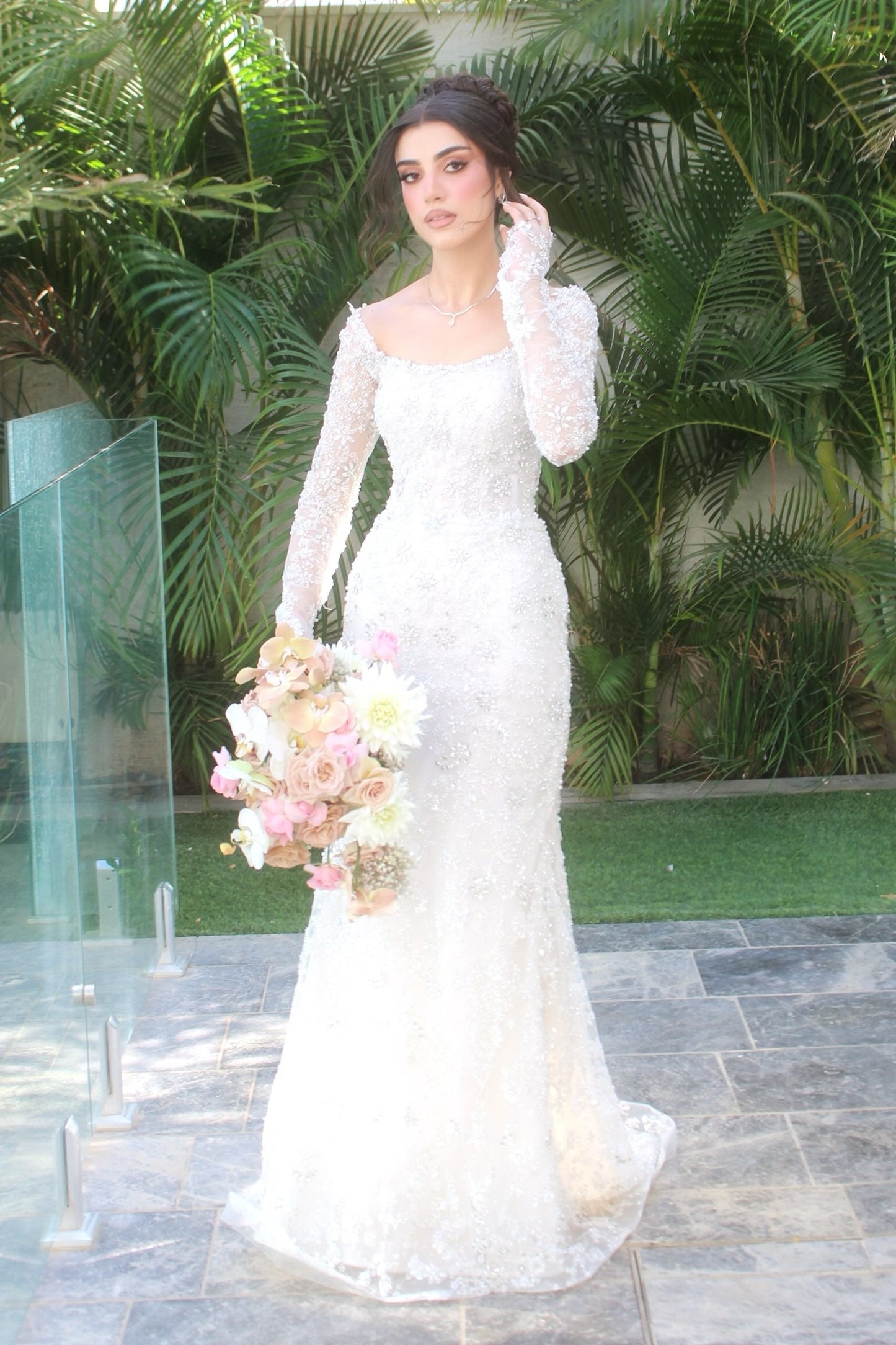 Beaded Lace Long Sleeve Wedding Gown with Square Neck