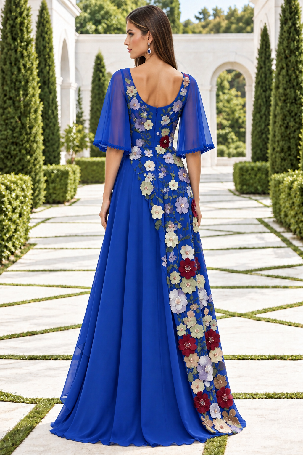 Floral Embroidered Illusion A-Line Evening Gown