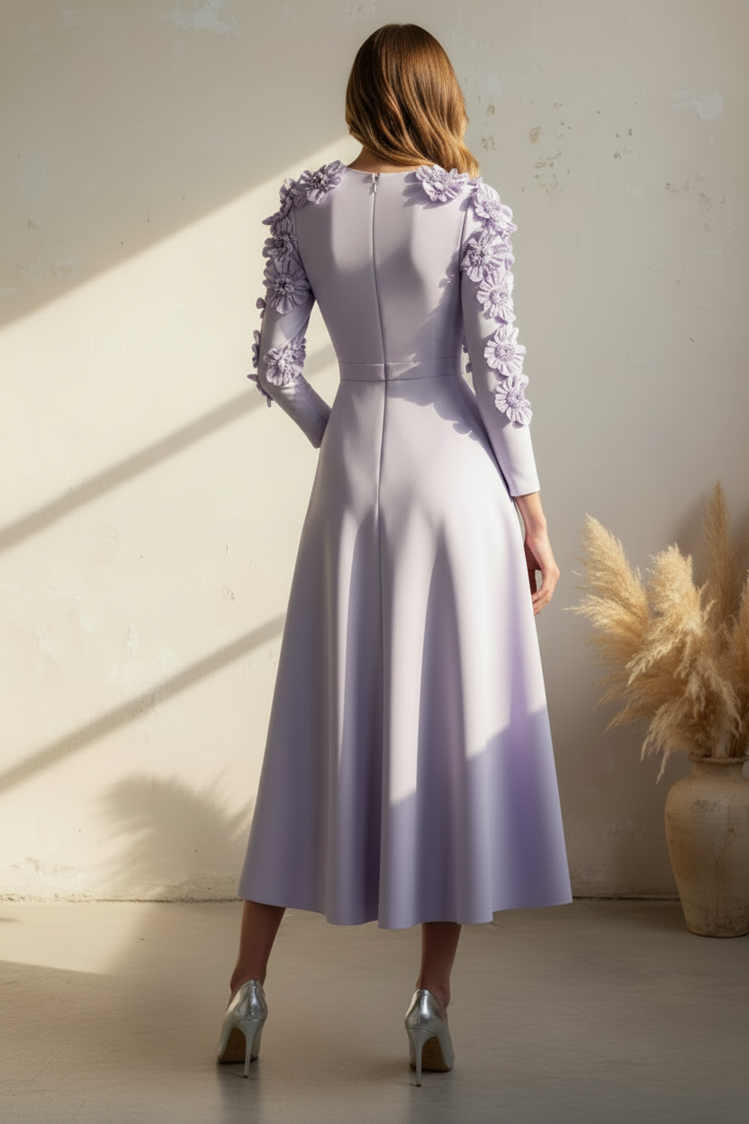 Lilac 3D Floral Long Sleeve A-Line Midi Dress with Pockets