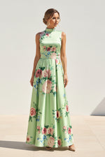 Floral Print Satin Mock Neck A-Line Gown