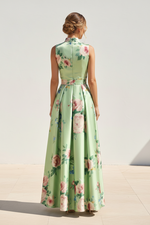 Floral Print Satin Mock Neck A-Line Gown