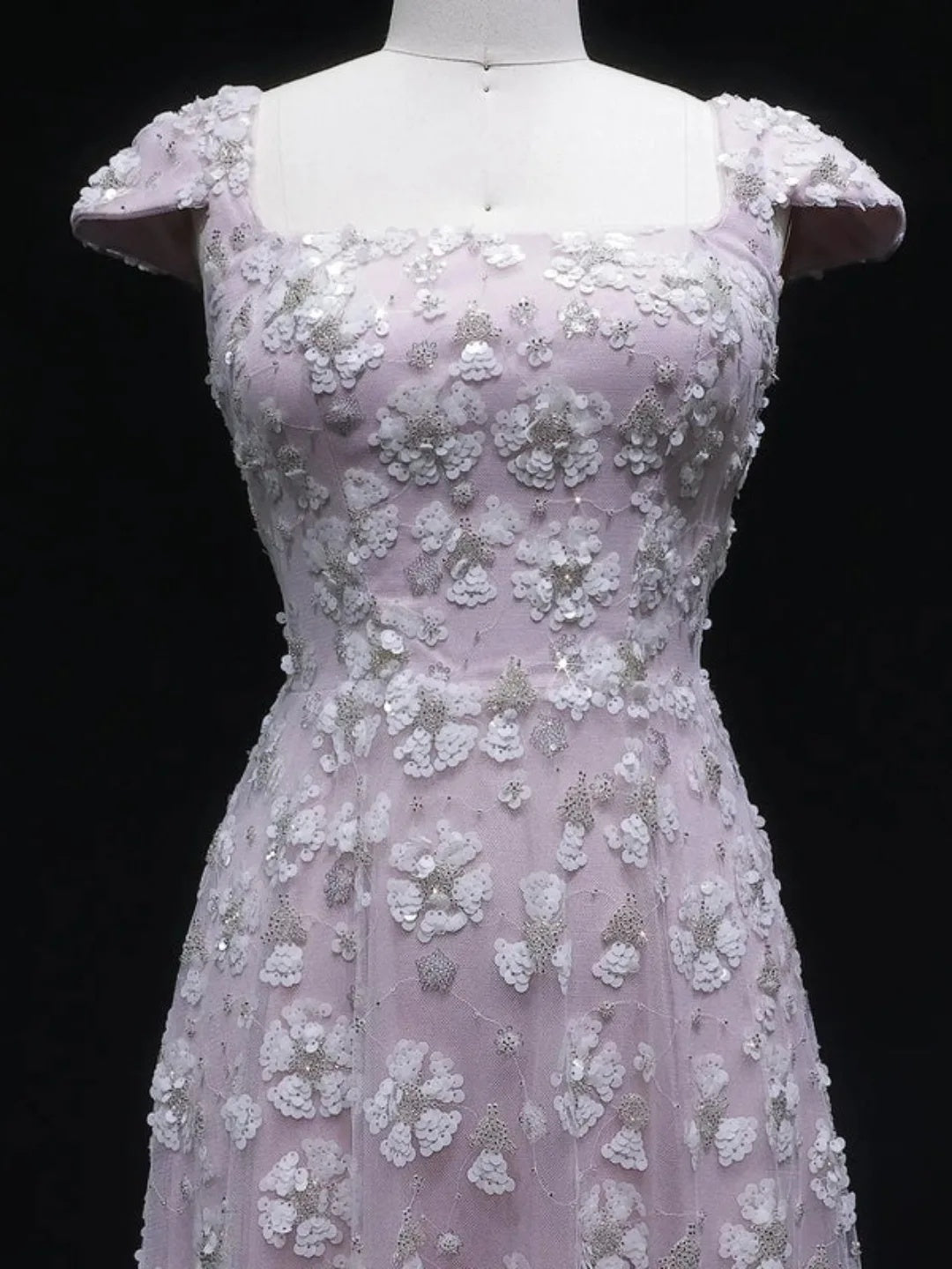Square Neck 3D Floral Applique A-Line Gown