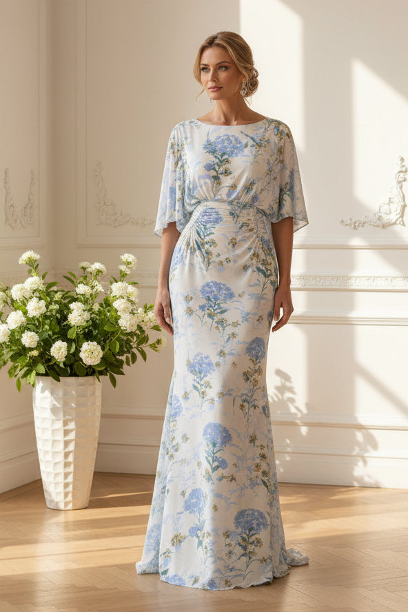Floral Ruched Mermaid Gown with Cape Sleeves