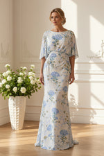 Floral Ruched Mermaid Gown with Cape Sleeves