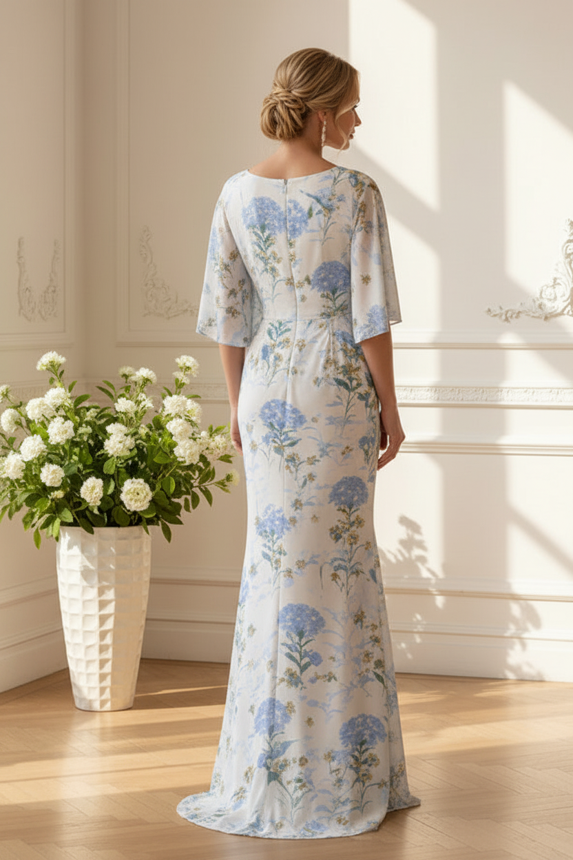 Floral Ruched Mermaid Gown with Cape Sleeves