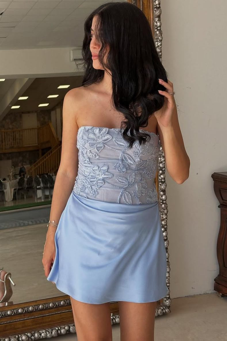 Strapless Lace Corset Satin Mini Dress