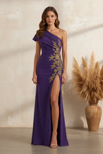 One-Shoulder Embroidered Evening Gown with High Slit