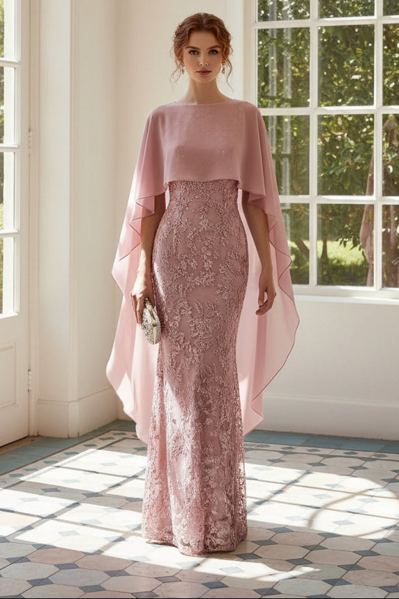 Embroidered Cape Sheath Evening Gown
