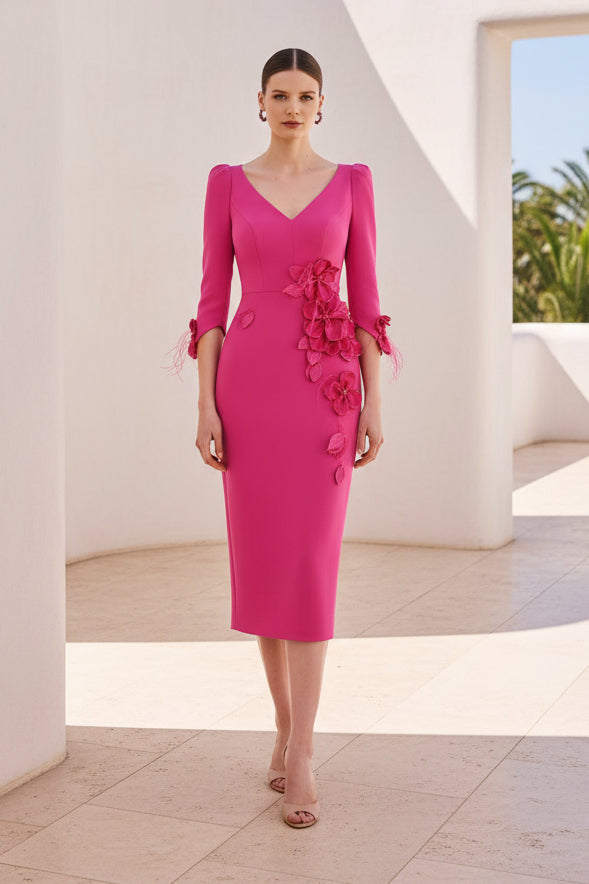 3D Floral Embellished Midi Sheath Dress