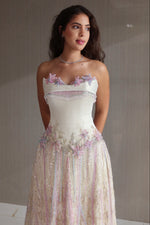 Strapless Beaded Floral Fringe Floor-Length Gown