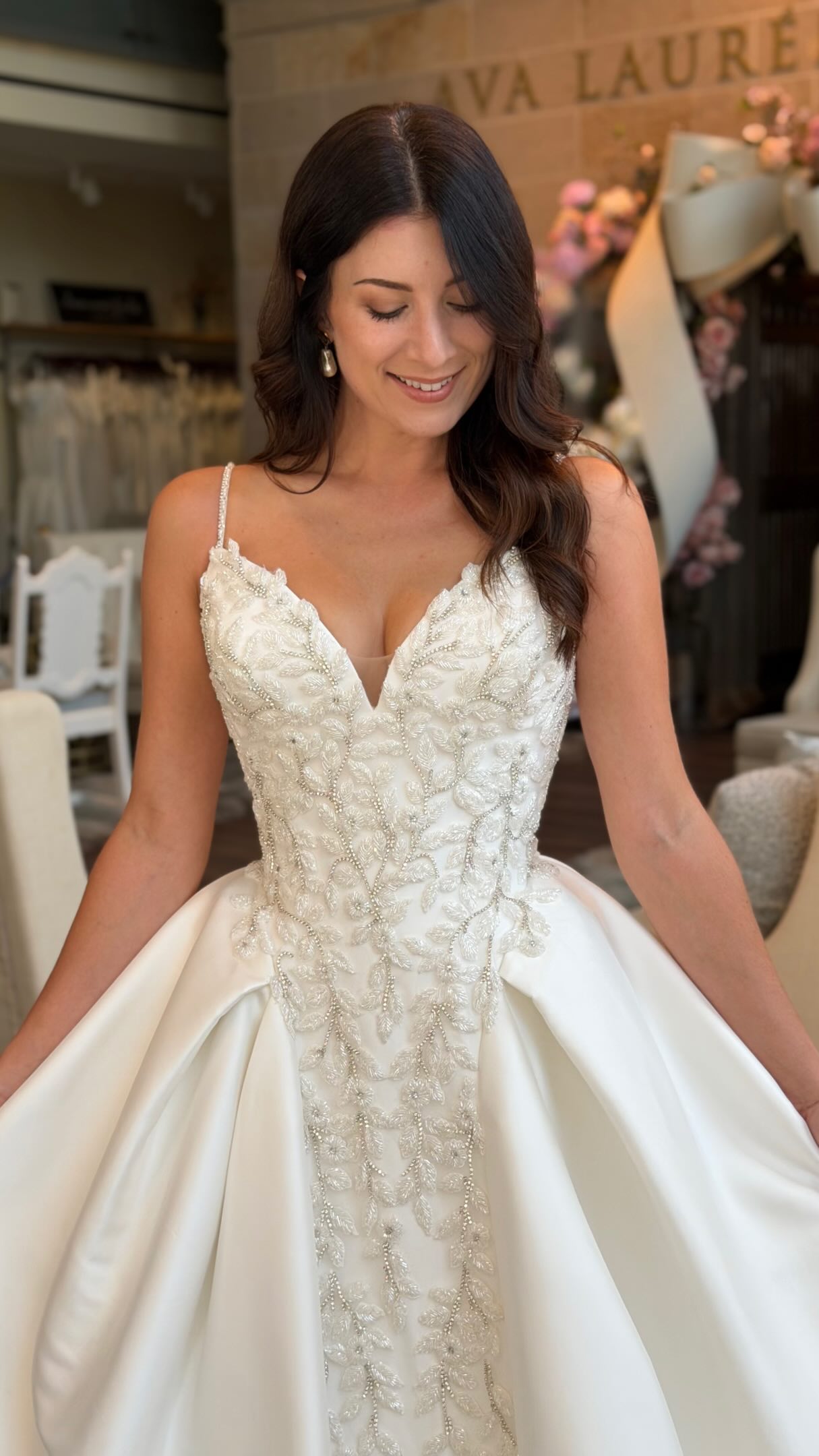 Embroidered Beaded Bodice Satin Ball Gown Wedding Dress