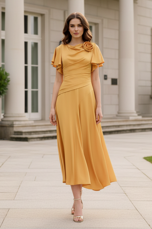 Satin Flutter Sleeve Ruched Midi Dress